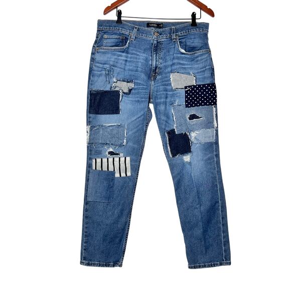 Ralph Lauren size 12 patchwork jeans blue relaxed tapered leg concerts festivals - Picture 1 of 9
